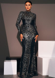 Women Long Sleeve Round Neck Sexy Sequin Formal Party Evening Dress