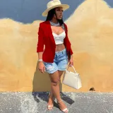 Women Solid Pocket Button Blazer
