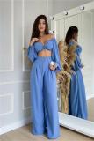 Women Drawstring Top and Wide Leg Pants Two-Piece Set