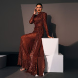 Women Long Sleeve Round Neck Sexy Sequin Formal Party Evening Dress