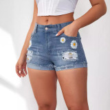 Women Summer Tassel Ripped Print Denim Shorts