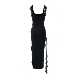 Women Sexy Summer Halter Square Neck Ruffle Edge Side Slit Solid Dress