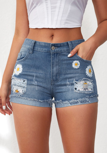 Women Summer Tassel Ripped Print Denim Shorts