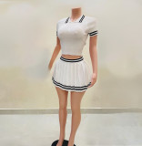 Women Casual Top and Pleated Skirt Two-Piece Set