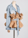 Women Fall Turndown Collar Contrast Color Ruffles Ruffle Lace-up Denim Jacket