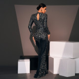 Women Long Sleeve Round Neck Sexy Sequin Formal Party Evening Dress