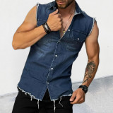 Men's Denim Turndown Collar Sleeveless Top