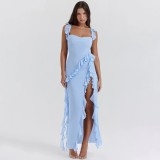 Women Sexy Summer Halter Square Neck Ruffle Edge Side Slit Solid Dress