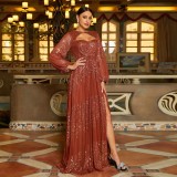 Women Long Sleeve Round Neck Sexy Hollow Sequin Formal Party Evening Dress