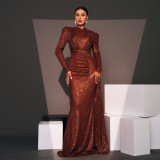 Women Long Sleeve Round Neck Sexy Sequin Formal Party Evening Dress