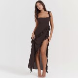 Women Sexy Summer Halter Square Neck Ruffle Edge Side Slit Solid Dress