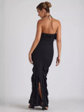 Women Summer Sexy Halter Neck Backless Bodycon Ruffle Pleated Evening Dress