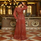 Women Long Sleeve Round Neck Sexy Hollow Sequin Formal Party Evening Dress