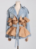 Women Fall Turndown Collar Contrast Color Ruffles Ruffle Lace-up Denim Jacket