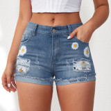 Women Summer Tassel Ripped Print Denim Shorts