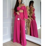 Women Drawstring Top and Wide Leg Pants Two-Piece Set