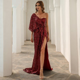 Women Summer One Shoulder Irregular Sequin Evening Dress