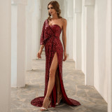 Women Summer One Shoulder Irregular Sequin Evening Dress