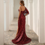 Women Summer One Shoulder Irregular Sequin Evening Dress
