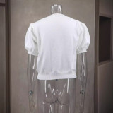 Women Spring V-neck Short Sleeve Bowknot Solid Sweater