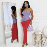 Women's Sexy Fashion Chic Tight Fitting Contrast Color Strapless Slim Long Dress