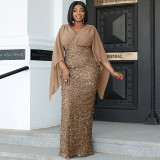 Plus Size Chic Sexy Sequined V-Neck Long Sleeve Formal Party Evening Dress Bridesmaid Dress For Women