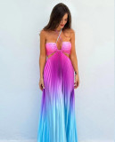 Women Style Summer Gradient Halter Neck Pleated Maxi Dress