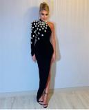 Luxury Party Rhinestone One-Shoulder Long-Sleeved Slit Bandage Dress