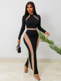 Fall Sexy See Through Mesh Patchwork Long Sleeve Slim Nightclub Long Dress