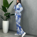 Women printed long-sleeved tie Top and Pant Casual two-piece set