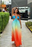 Women Style Summer Gradient Halter Neck Pleated Maxi Dress