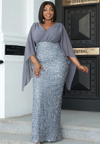 Plus Size Chic Sexy Sequined V-Neck Long Sleeve Formal Party Evening Dress Bridesmaid Dress For Women