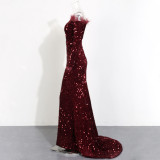 Sequin Mermaid Evening Dress Female Feather Off Shoulder Long Sleeve Formal Party Long Dress