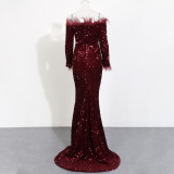 Sequin Mermaid Evening Dress Female Feather Off Shoulder Long Sleeve Formal Party Long Dress