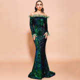 Sequin Mermaid Evening Dress Female Feather Off Shoulder Long Sleeve Formal Party Long Dress