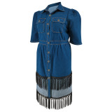 Plus Size Women Denim Turndown Collar Short Sleeve Tassel Dress