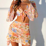 Fashion Print Beach Skirt Set Bikini Four-Piece Swimsuit For Women