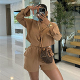 Women Summer Casual Turndown Collar long-sleeved shirt And drawstring shorts two-piece set