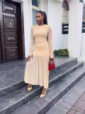 Women Elegant Sexy Round Neck Long Sleeve Pleated Solid Maxi Dress