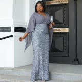 Plus Size Chic Sexy Sequined V-Neck Long Sleeve Formal Party Evening Dress Bridesmaid Dress For Women