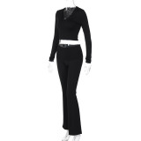 Women's Spring Long-Sleeved V-Neck Crop Top High Waist Trousers Casual Home Wear For Women