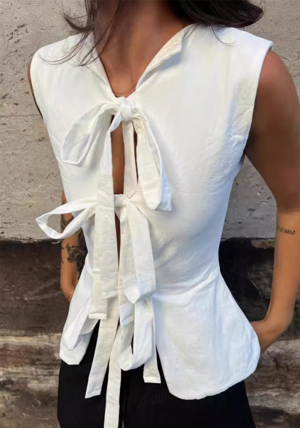 Women White Sexy Sleeveless Lace-Up Tank Top