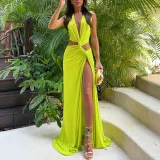 Women's Summer Hollow Knot Slit V-Neck Sleeveless Pleated Irregular Dress