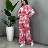 Women printed long-sleeved tie Top and Pant Casual two-piece set