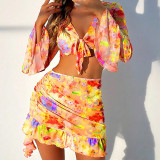 Fashion Print Beach Skirt Set Bikini Four-Piece Swimsuit For Women