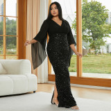 Plus Size Chic Sexy Sequined V-Neck Long Sleeve Formal Party Evening Dress Bridesmaid Dress For Women