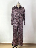 Fashion Casual Set Women Leopard Print Fall Women Long Sleeve Shirt Pants Two-Piece Set