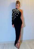 Luxury Party Rhinestone One-Shoulder Long-Sleeved Slit Bandage Dress