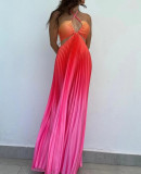 Women Style Summer Gradient Halter Neck Pleated Maxi Dress