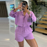 Women Summer Casual Turndown Collar long-sleeved shirt And drawstring shorts two-piece set